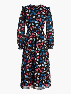 NWOT J. Crew Crinkled Ruffled Tiered Long Sleeve Black Floral Midi Dress